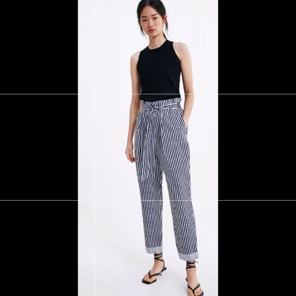Zara Pants Blue White Striped Womens Size XS Cotton Poplin Paperbag Waist Belted